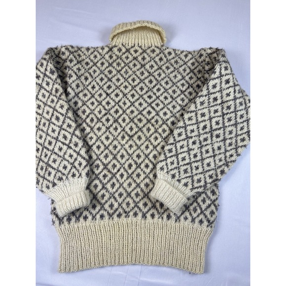 Vtg HAND KNIT Wool Fair Isle Turtleneck Sweater Nordic Diamond 70s Small - Picture 4 of 7